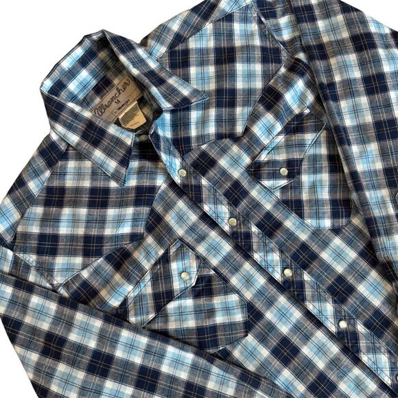 Wrangler Wrancher Vintage 80s 90s Western Pearl Snap Plaid Shirt Blue Men’s M - Picture 4 of 5